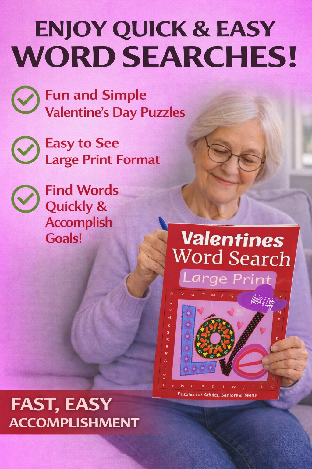 Valentine Word Search – Quick & Easy 1 - Large Print -Senior Activity Book- (Instant PDF Download)