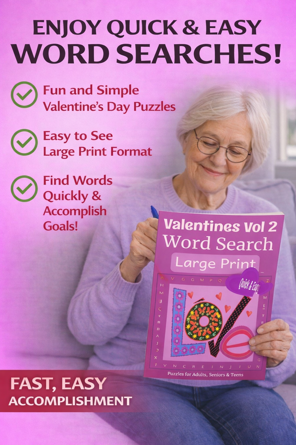 Valentine Word Search – Quick & Easy 2 - Large Print -Senior Activity Book- (Instant PDF Download)
