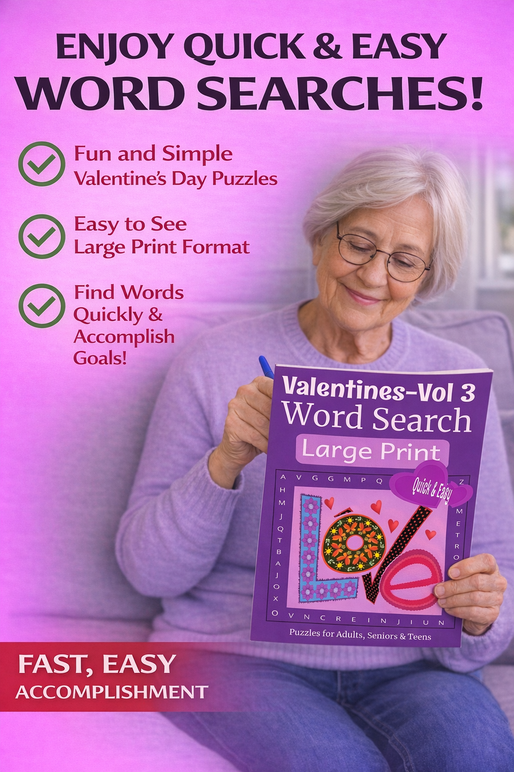 Valentine Word Search – Quick & Easy 3 - Large Print -Senior Activity Book- (Instant PDF Download)