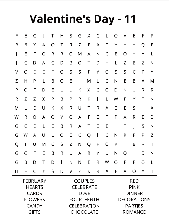 Valentine Word Search – Standard 1 - Large Print -Senior Activity Book- (Instant PDF Download)